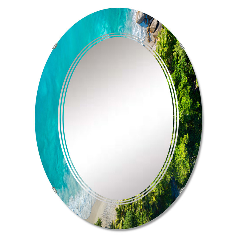 Turquoise plage tropicale vue aérienne IV - miroir mural nautique et côtier ovale, 30 po x 20 po
