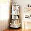 Bibliothèque rotative à 360 ° avec roulettes, tiroir et déflecteur, apportant un rangement pratique à la maison - rotation blanche chaude sur 5 niveaux, tiroir à roues de frein, idéal pour les petits espaces au bureau