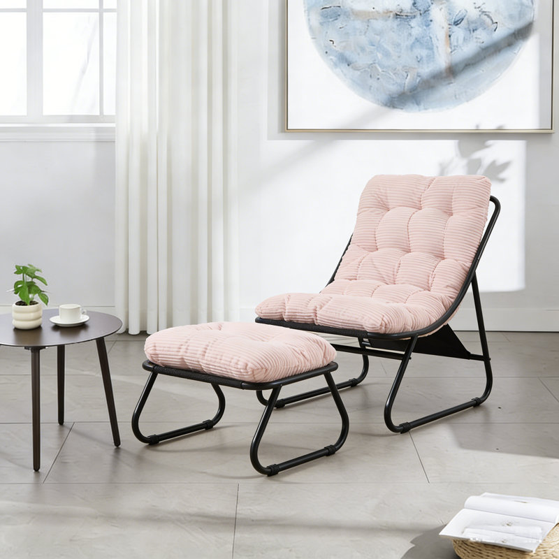 Patio Outdoor Lounge Chair with Ottoman, Comfy Sling Recliner Chair with Puffy Cushion and Foot Stool, Ideal for Living Room, Bedroom, Reading Room