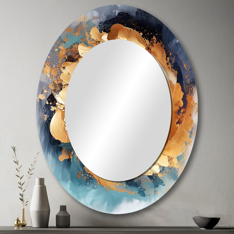 Vortex III bleu et or - Miroir décoratif ovale abstrait sur métal, 43 po x 33 po