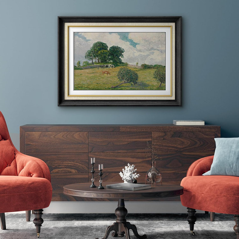 «Rustic Countryside Vintage Cow Countryside Farm Field Nature Wilderness», impression sur papier, Cadre noir, Pas de tapis