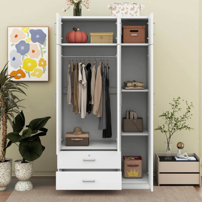 3-Door Mirror Wardrobe With 2 Drawers, Top Cabinet, Modern Bedroom Storage