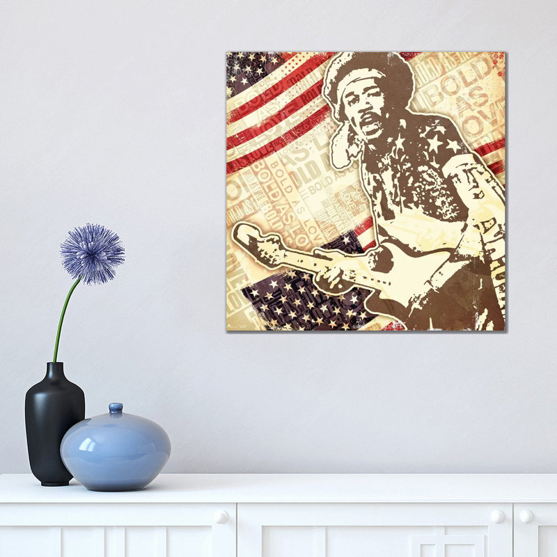 «Jimi Hendrix USA Bold as Love», reproduction d'impression, H 18 po x l 18 po x 1,5 po, Toile tendue, Aucun mat
