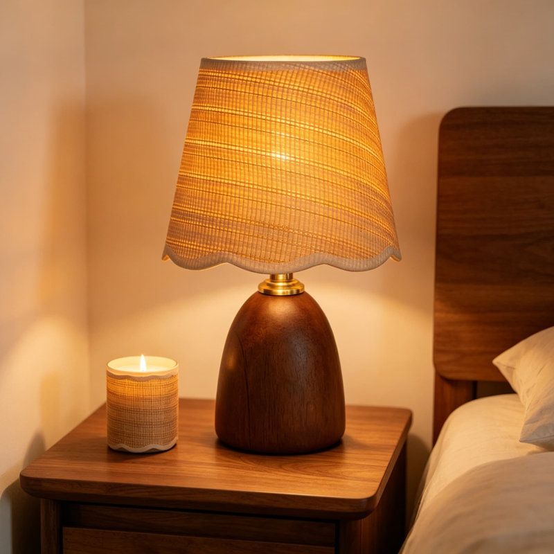 Lampe de table en noyer massif avec abat-jour tissé à intensité variable - Lampe de chevet moderne de style Mid-Century pour table de chevet ou salon, avec ampoule DEL E26