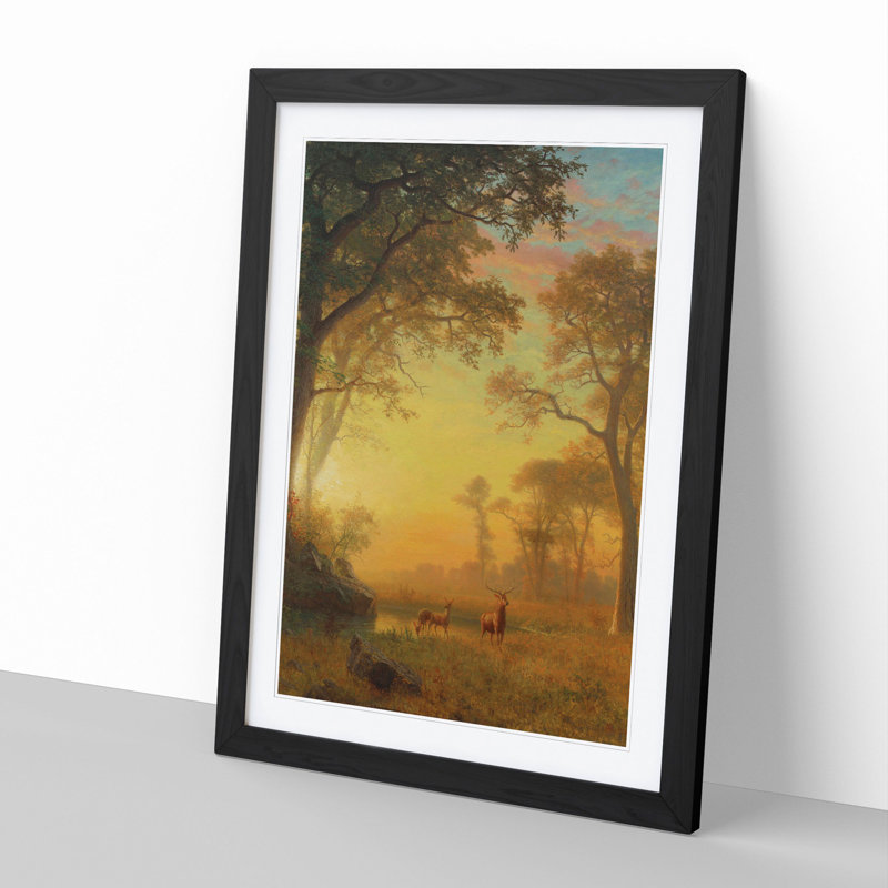 Sunset River with Deer by Albert Bierstadt - Picture Frame Painting, 48cm H x 36cm W x 2cm D, Black Framed