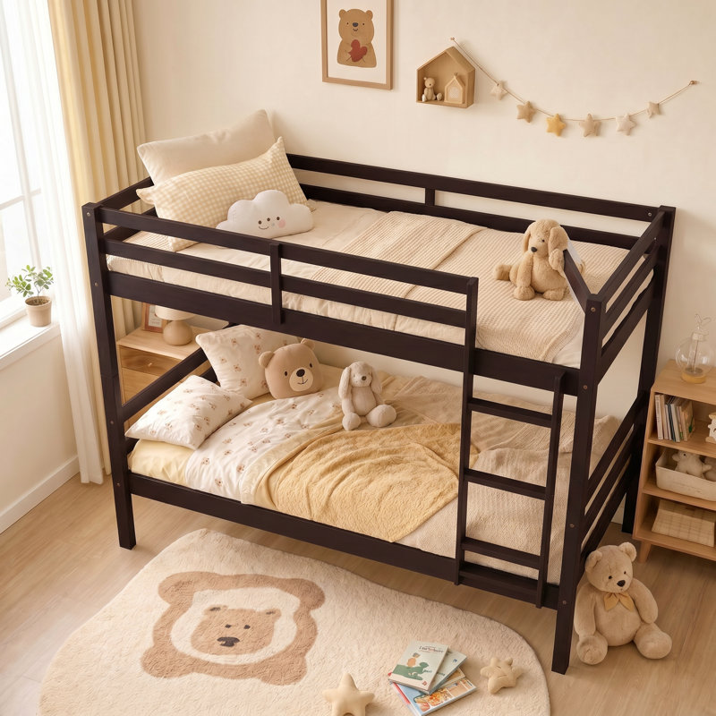 Lit double superposé double avec échelle, lit superposé en bois massif avec garde-corps et échelle pour enfants, adolescents, chambres de dortoir et chambres d'amis, aucun sommier nécessaire, espresso