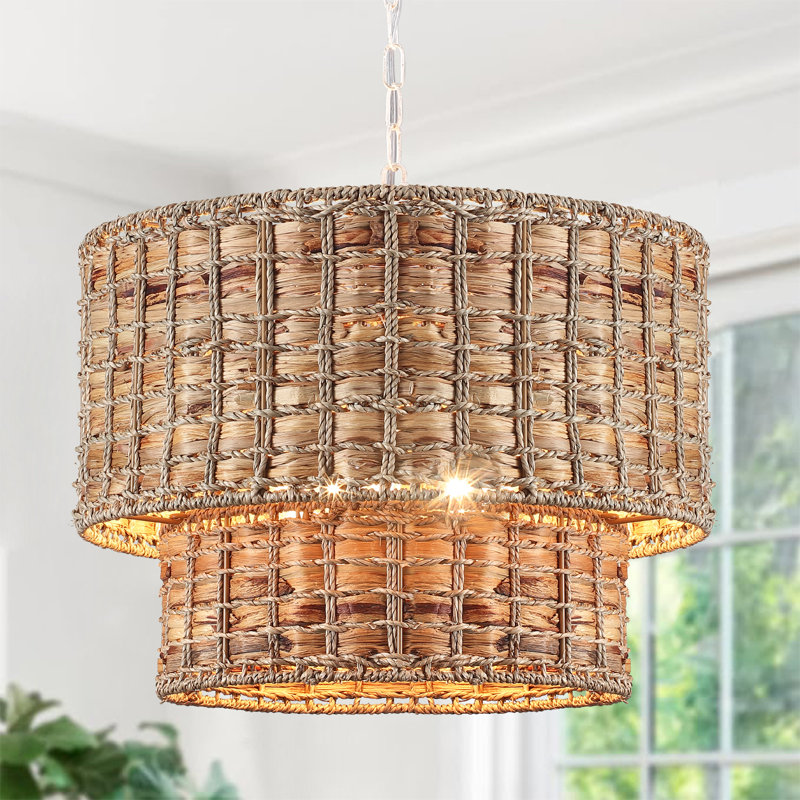 Kaetlin 5 - Light 2-Tier Bohemian Drum Chandelier with Natural Rattan  Lampshade, Farmhouse Kitchen Lighting with E12 Socket -18.9"W x 76"H