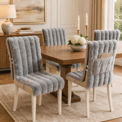 Vertical Pattern Plush Dining Chair Cover Set, Non-Slip Soft Chair Protector with Elastic Strap for Kitchen, Office and Living Room Chairs