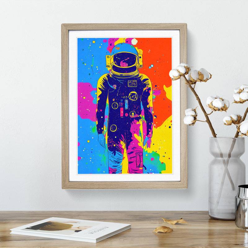 Colourful Astronaut - Wall Art, 66cm H x 48cm W x 2cm D, Oak Framed, White