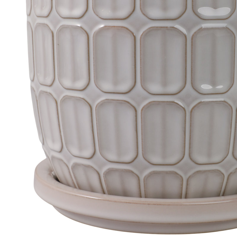 Stoneware And Ceramic Saucer Planters With Embossed Geometric Texture, Modern Decorative Design, Stylish Round Form, Versatile Display Accent, Set Of 2