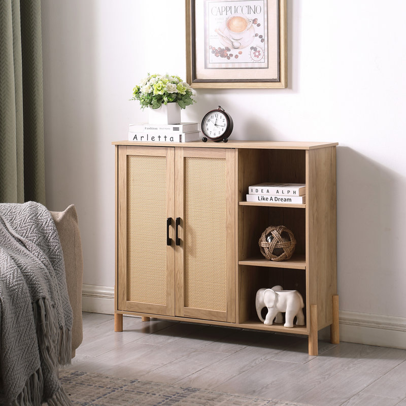 Armoire de rangement Mid-Century moderne avec portes tissées, tablettes ouvertes et tablettes réglables
