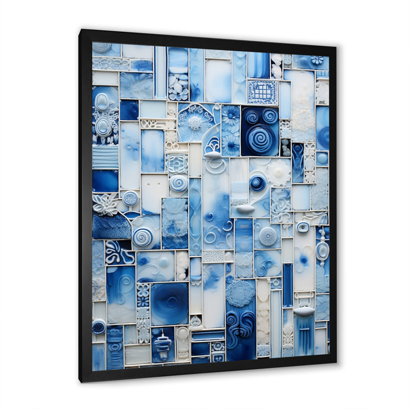 Carreaux botaniques bleus et blancs I - art mural abstrait, Cadre simple noir, H 40 po x l 30 po x P 1,5 po