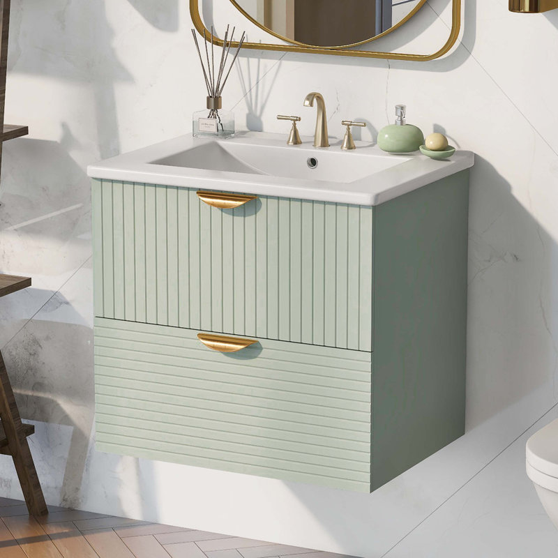 Green and White Wall-Mounted Single Bathroom Vanity with Gold Handles
