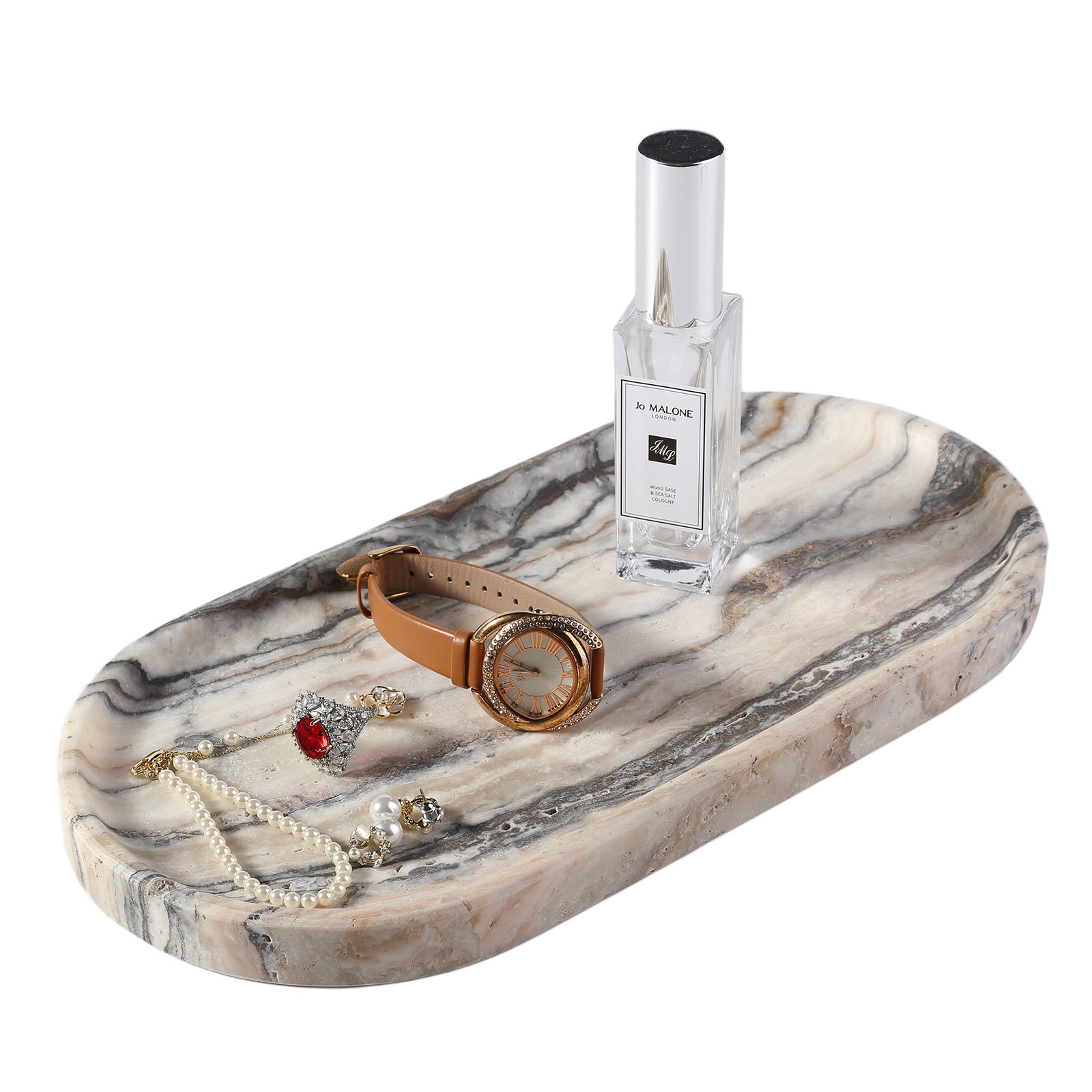 Guein Oval Natural Marble Tray, White Traonyx