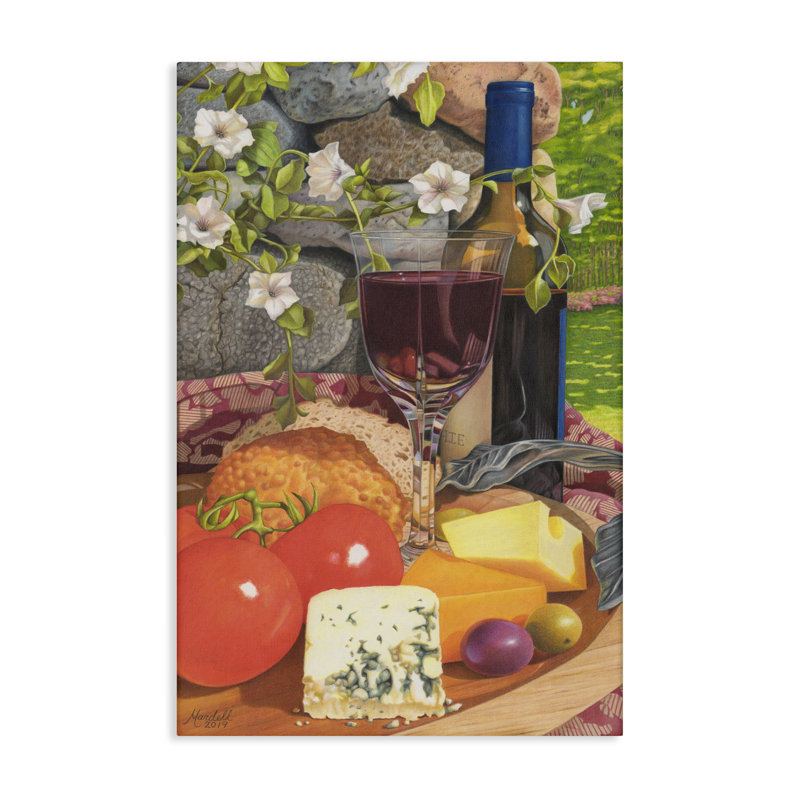 "Wine & Cheese", art mural sur toile par Mardell Schuster, H 24 po x l 16 po