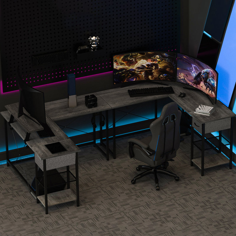 Ivanno L-Shaped Metal Base Computer Desk, Gray/Black