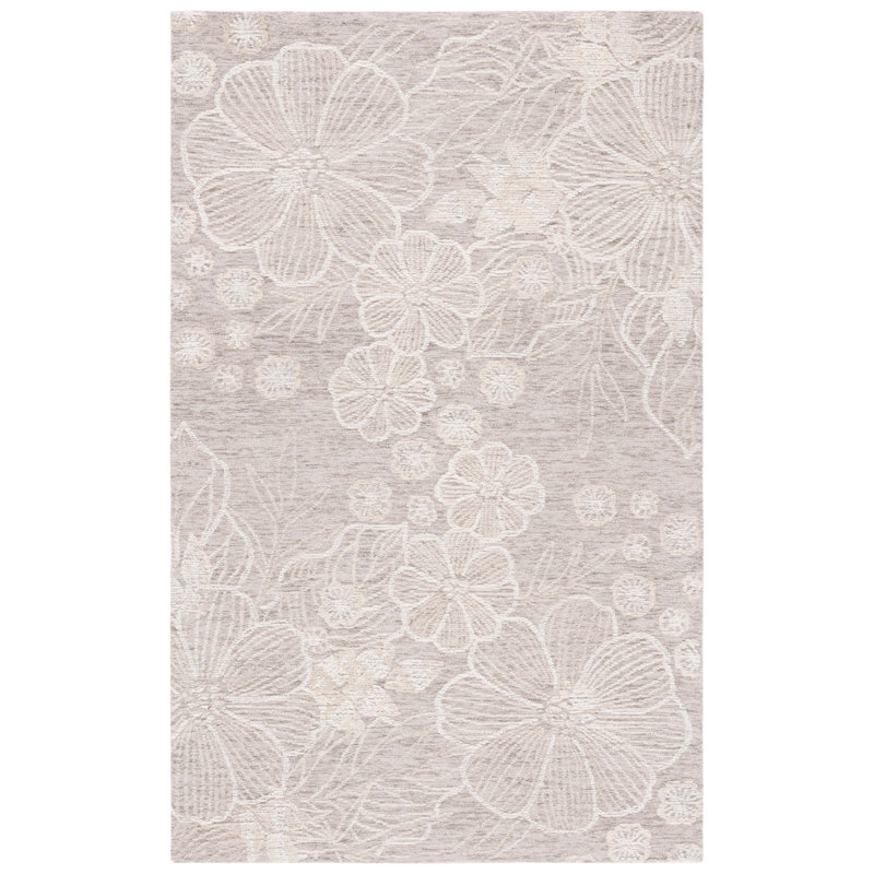 Lyelee Hand Tufted Wool/Cotton Floral Rug in Grey/Ivory, Rectangle 3' x 5'