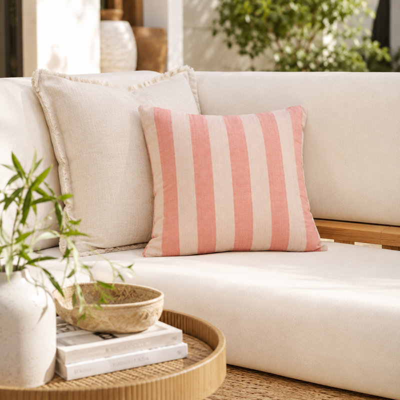 Lani Sunbrella® Indoor/Outdoor Throw Pillow, Pink/Cream, Square 20"