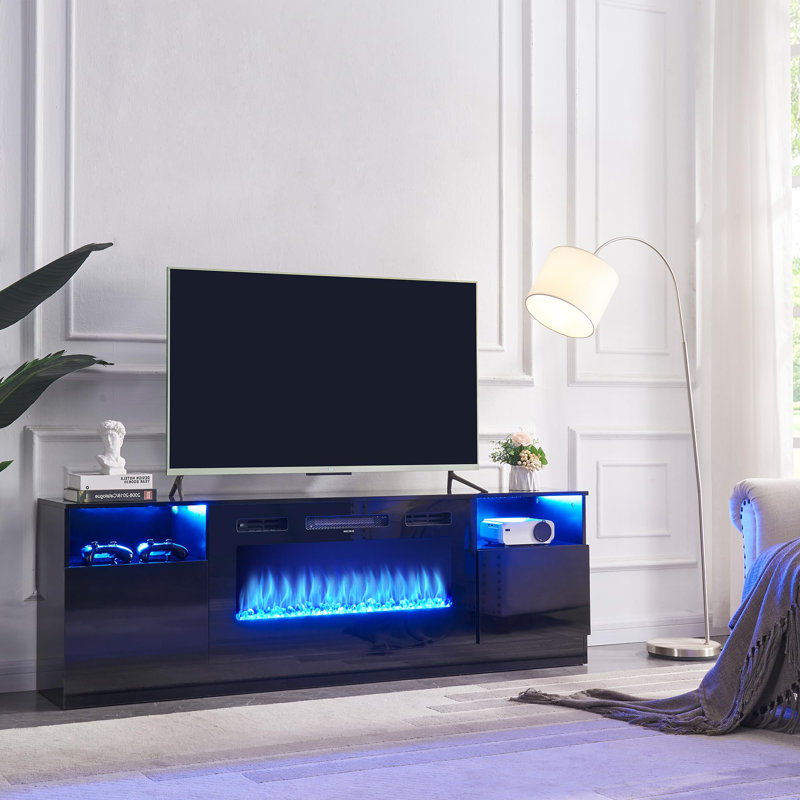 Black 70'' TV Stand with 36'' Electric Fireplace and LED Lights