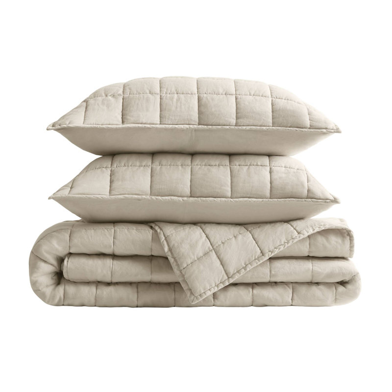 French Flax 100% Linen Garment Washed Quilt Set, Full Quilt + 2 Standard Shams, Linen