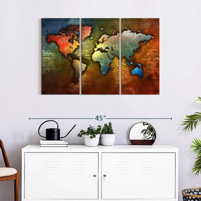 Carte du monde colorée en métal - 3 impressions sur toile tendue