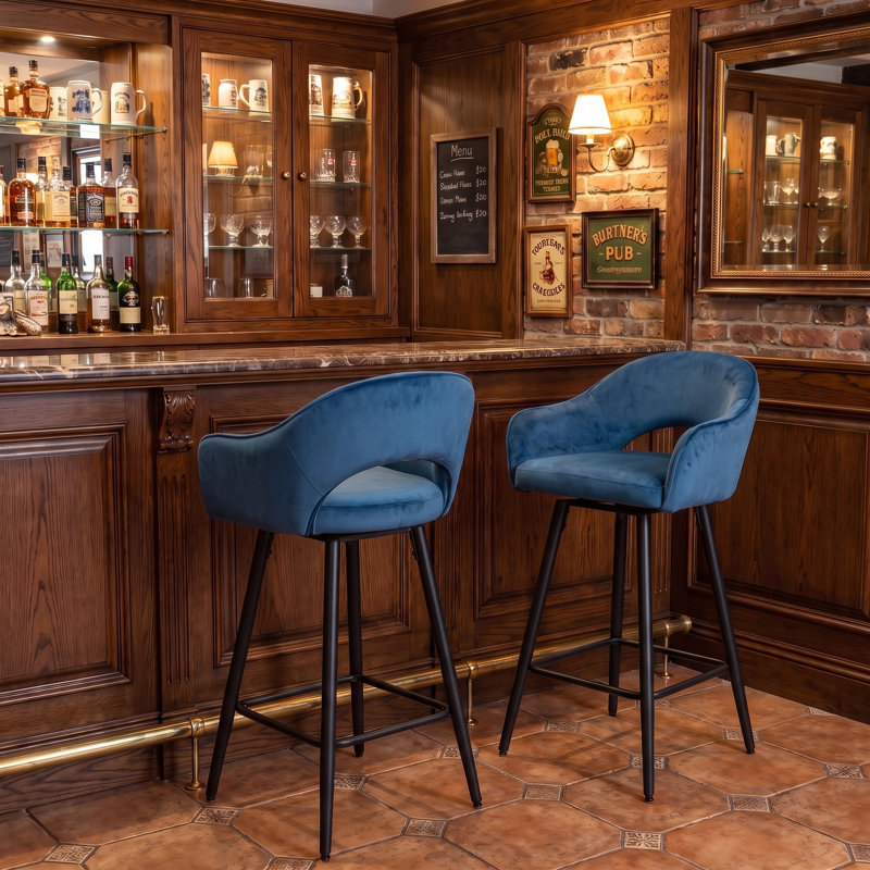 360°Swivel Upholstered Bar Stools with Iron Frame, Velet-Blue