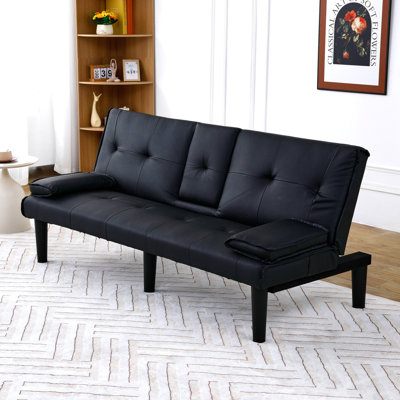 Le canapé-lit multifonctionnel en PVC noir de 67 pouces avec un design pliable et porte-gobelet le rend extrêmement pratique pour transformer le salon en chambre d'amis