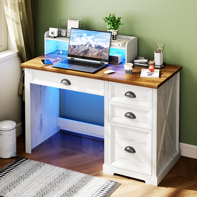 Bureau à domicile avec tiroirs et ports USB, table d'ordinateur d'écriture rustique avec lumière DEL, Blanc