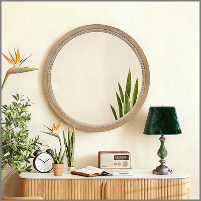 Miroir mural rond en bois vieilli et perles, 23,62 "Farmhouse Vintage