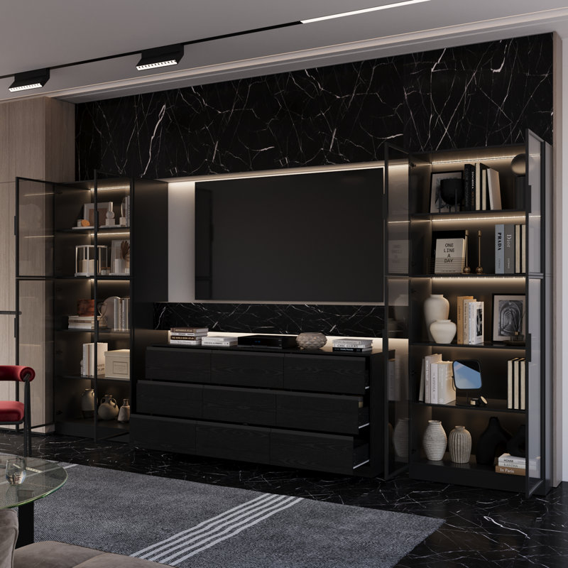 3pc-tv Stand With Bookshelves Modern Entertainment Center With Glass Door, Black