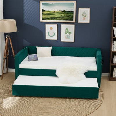 Lit de jour 83 po en velours de taille simple avec lit gigogne escamotable, canapé-lit moderne à motif de losanges avec capacité de 500 lb et support à lattes