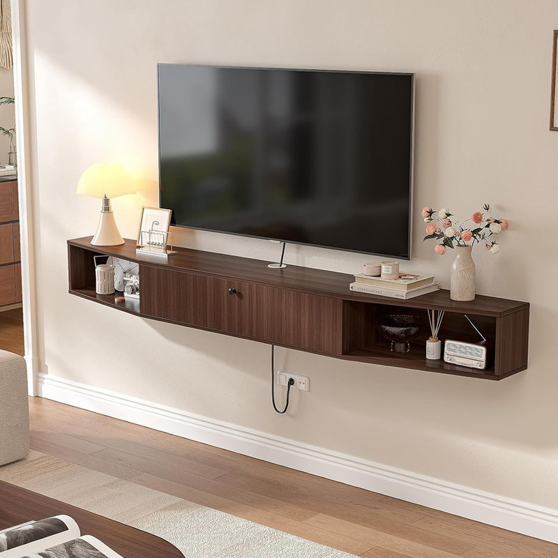 Meuble télé mural flottant 55 po - Console média avec 1 porte et 2 armoires, noyer