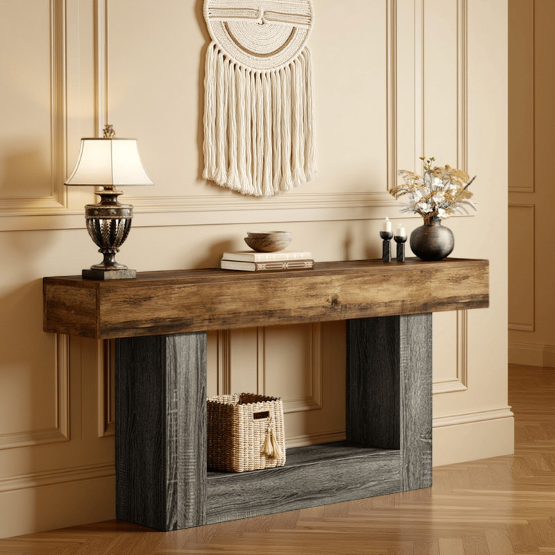 Console, plateau rectangulaire brun, base en U gris, 63 po