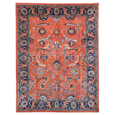 Tapis rouille et bleu marine de haute qualité noué à la main