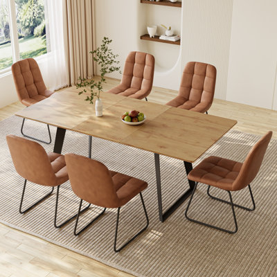 7 - Pices Modern Kitchen Dining Set, 63'' to 86.6'' Extendable Dining Table with 32.8"H Upholstered Dining Chairs for 6 Person
