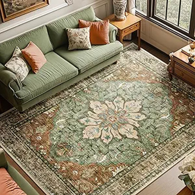 Tapis lavable 244 x 305 cm pour salon et chambre – Tapis bohème fleuri vintage, antidérapant, déperlant, adapté aux animaux, facile d'entretien, à poils courts, couleur brique/brun/vert