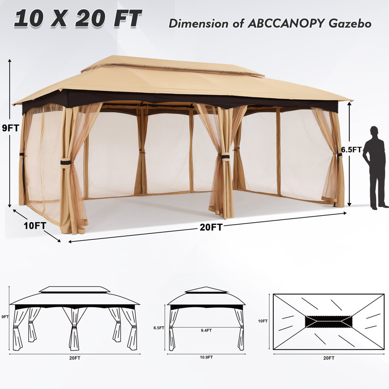 20 Ft W x 10 Ft. D Steel Patio Gazebo, Beige