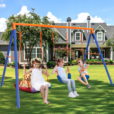 3-In-1 Swing Set, 550 Lbs Swing Set For Outside, Heavy Duty Metal Swing With A-Frame, Adjustable Ropes Flying Saucer Swing For Backyard