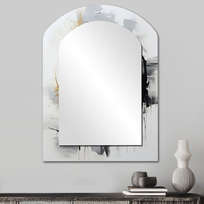 Noir et blanc Zen Spiral II - miroir asymétrique à spirales abstraites, miroir mural gris à forme unique, art en métal imprimé
