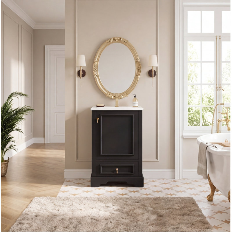 Meuble-lavabo de 50 cm avec lavabo en céramique, porte à fermeture douce, tablette réglable, tiroir et rangement sur la porte – Design moderne et compact