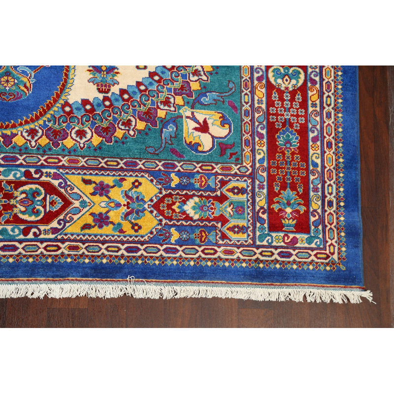 Tapis bleu en laine noué à la main de conception unique 10 pi 2 po x 13 pi 10 po