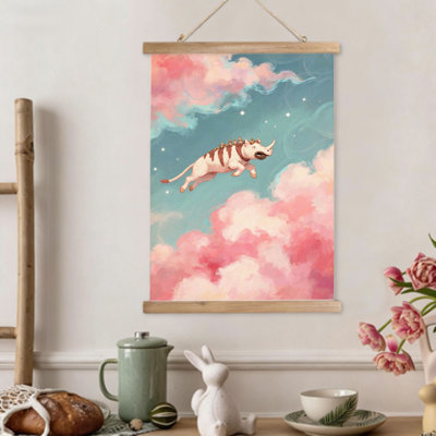 Nuage rose, corne de ciel, art mural à volutes suspendues, cintre en bois intégré, 16 x 24