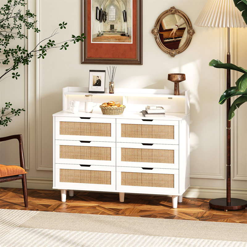 43.31"6-Drawers Rattan Storage Cabinet Rattan Drawer With LED Lights And Power Outlet
