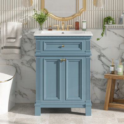 Armoire de salle de bain 24 po avec portes à fermeture douce et tablette réglable, meuble-lavabo avec lavabo en céramique