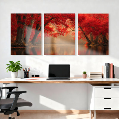 Autumn Red Trees Lake Reflection Canvas Wrapped Wall Art Oil Painting Print Set Of 3