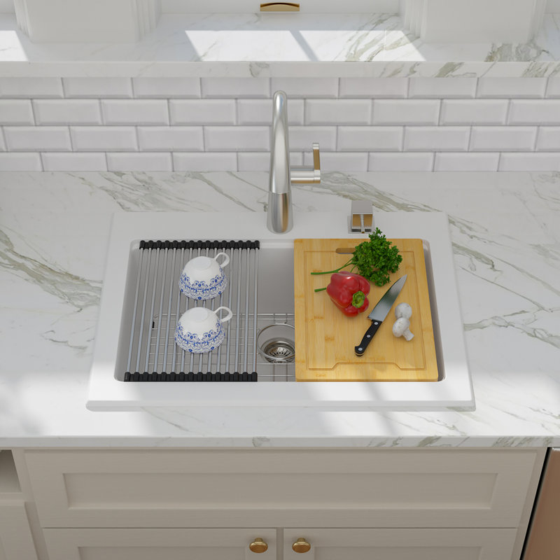 Évier de cuisine encastré à simple cuve en quartz 30 po x l 22 po, station de travail en granite avec grille d'évier, crépine, planche à découper et support à roulettes