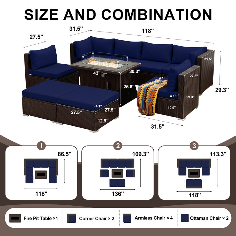 Ensemble de canapé modulaire en osier 9 pièces avec table de foyer et coussins de siège profond 9 pièces, Marine, Brun