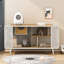 Spacieux chat blanc avec cadre en bois de sapin et en fer, maison moderne en verre trempé inclus, cadre en fer, portes idéales pour les espaces de vie