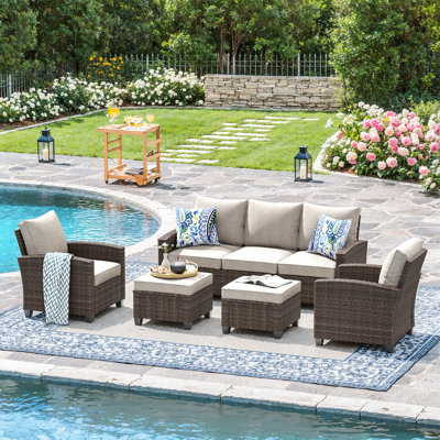 Outdoor Wicker Conversation Set with 3-Seat Sofa, Sofa Chairs, and Ottomans