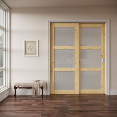Porte de garde-manger intérieure en bois de pin massif à 3 portes coulissantes en verre givré avec serrure d'intimité